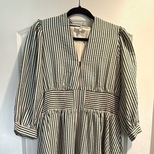 Striped Long Sleeve Midi Dress - Dark Green & White